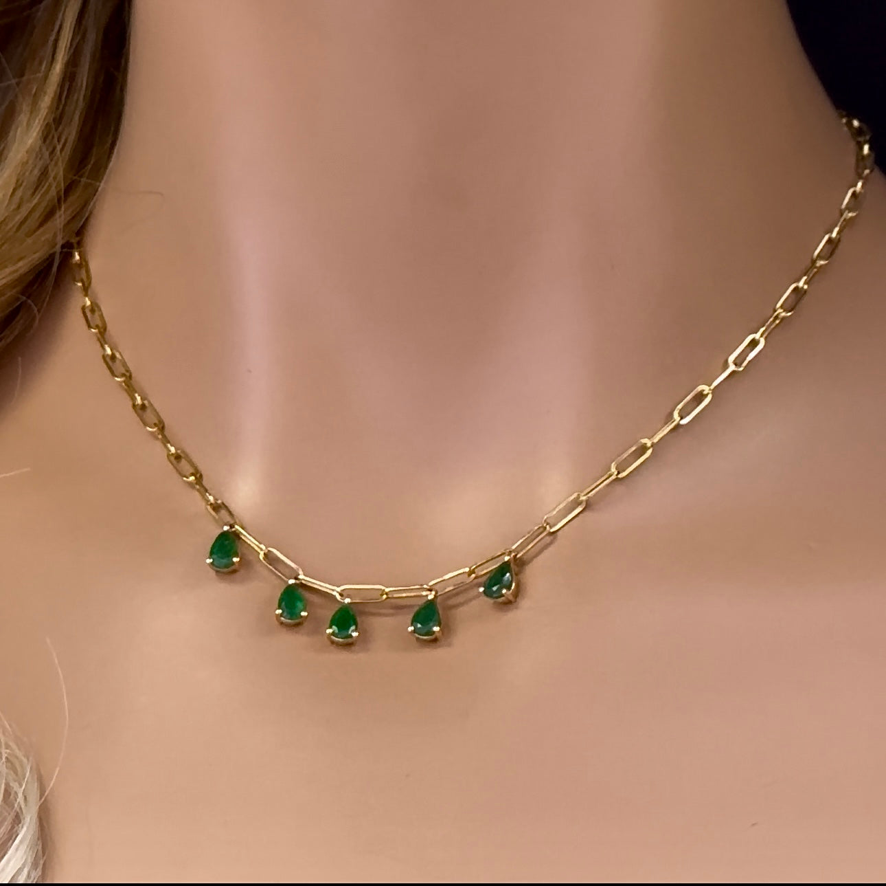 Muse Jewelry 1.65ct G SI 14K Yellow Gold Pear Green Emerald Gemstone Paperclip Necklace 14 + 2" Ext