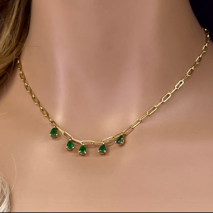 Muse Jewelry 1.65ct G SI 14K Yellow Gold Pear Green Emerald Gemstone Paperclip Necklace 14 + 2" Ext