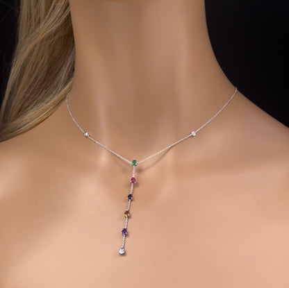 Muse Jewelry 1.07ct G SI 14K White Gold Diamond & Multi Color Drop Lariat Necklace 16+2" Ext