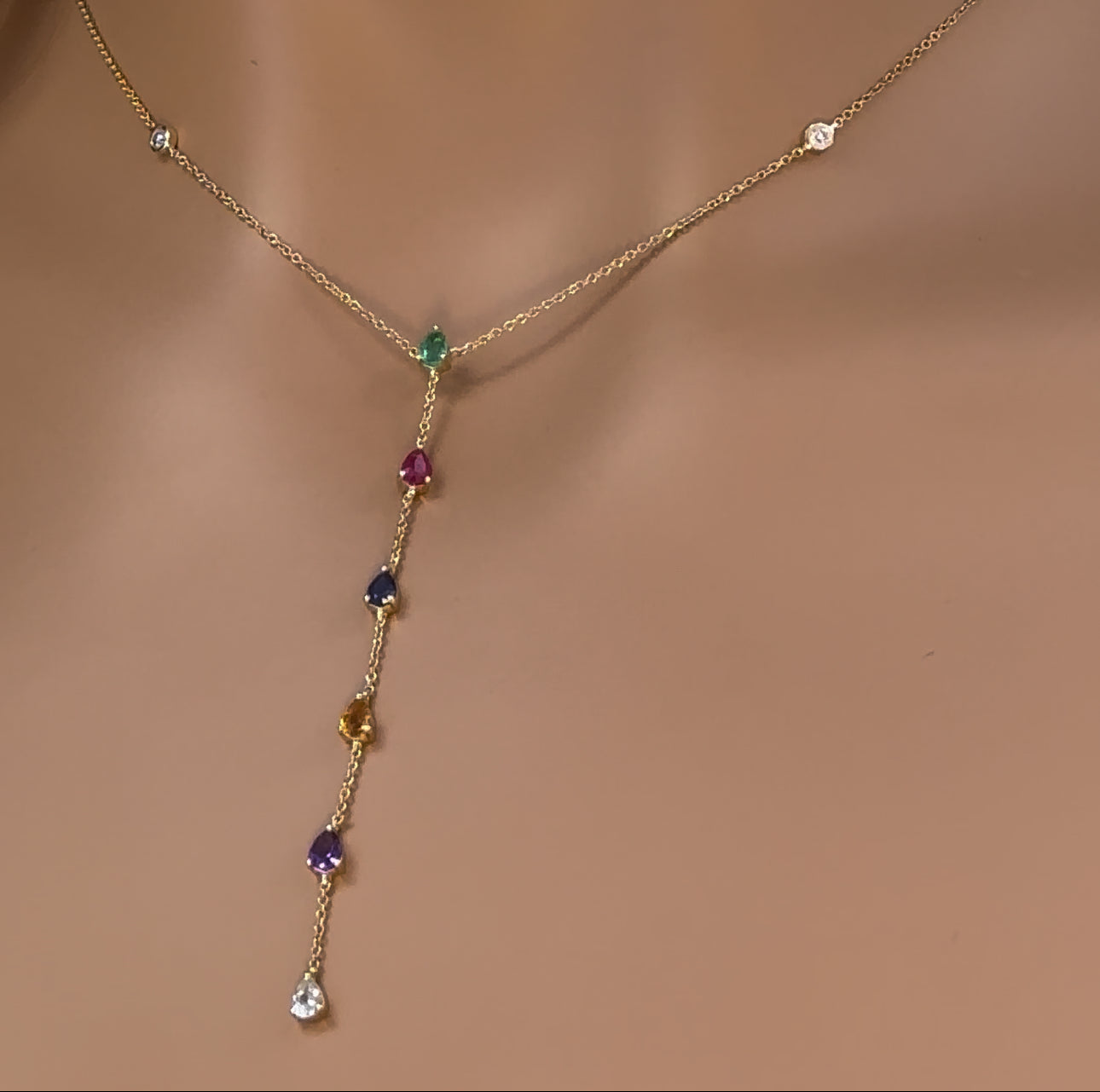 Muse Jewelry 1.04ct G SI 14K Yellow Gold Diamond & Multi Color Drop Lariat Necklace 16+2" Ext