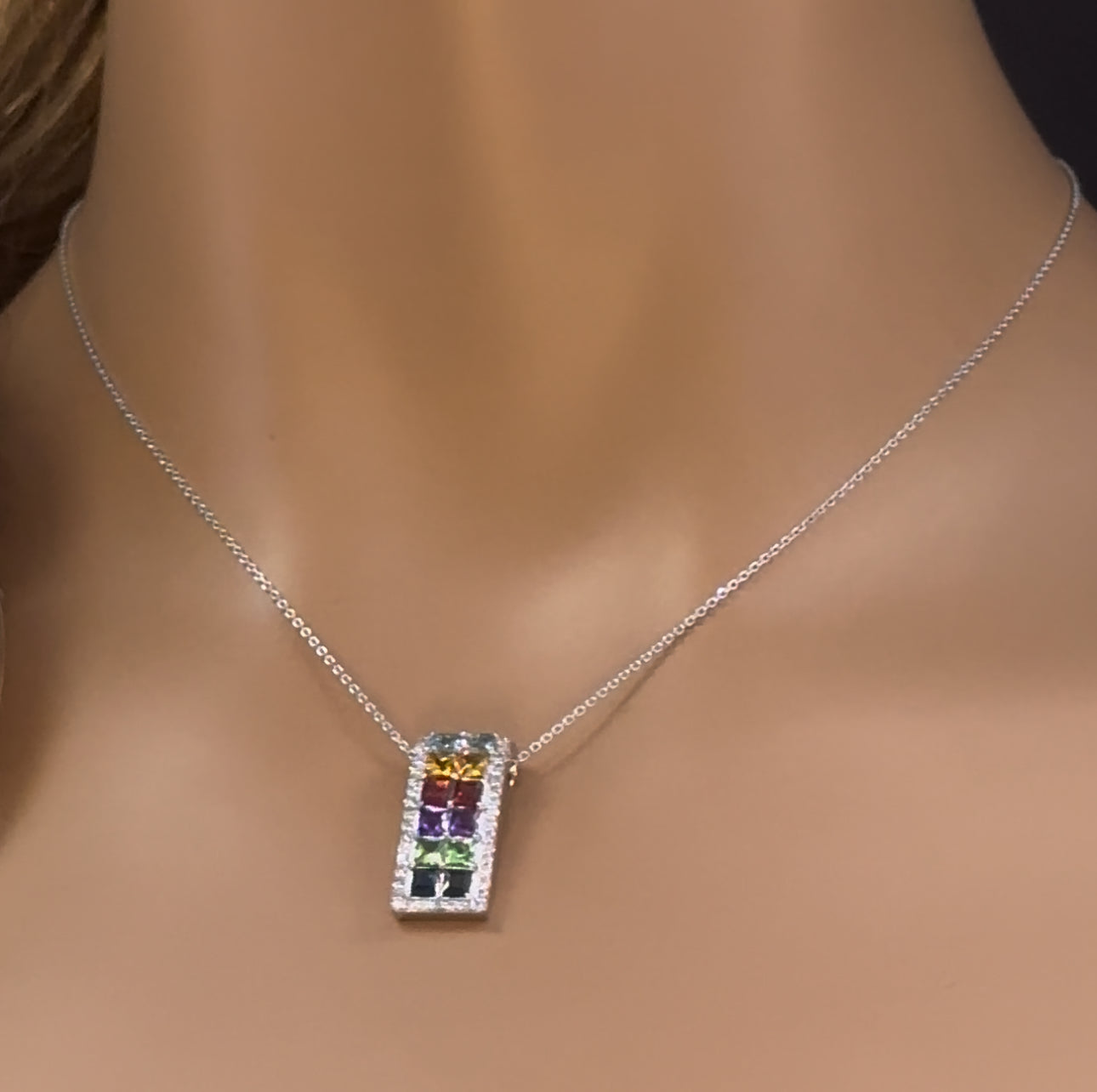 Muse Jewelry 2.88ct G SI 14K White Gold Diamond & Multi Color Gemstone Pendant Necklace 16" + 2" Ext.