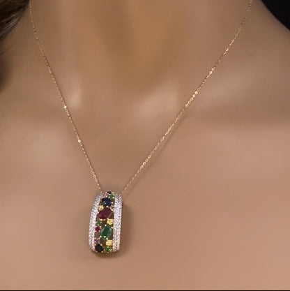 Muse Jewelry 2.53ct G SI 14K Yellow Gold Diamond & Multi Color Gemstones Pendant Necklace 18" Long