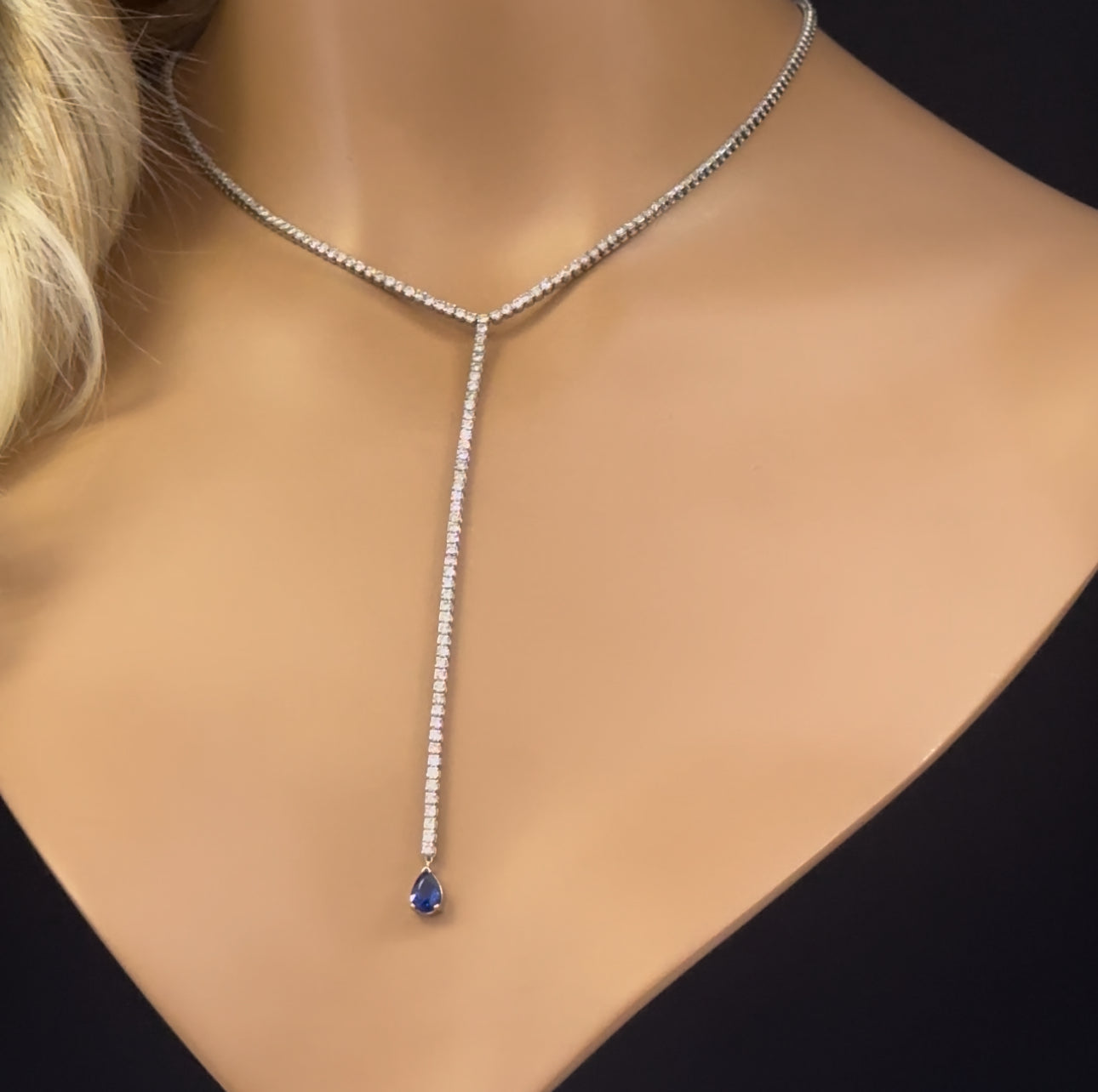 Muse Jewelry 6.15ct G SI 14K White Gold Round Diamond & Blue Sapphire Tennis Drop Lariat Y Necklace 14+4'Ext