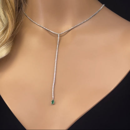 Muse Jewelry 2.98ct G SI 14K White Gold Diamond & Pear Shaped Emerald Gemstone Tennis Lariat Drop Necklace 14 + 4" Ext