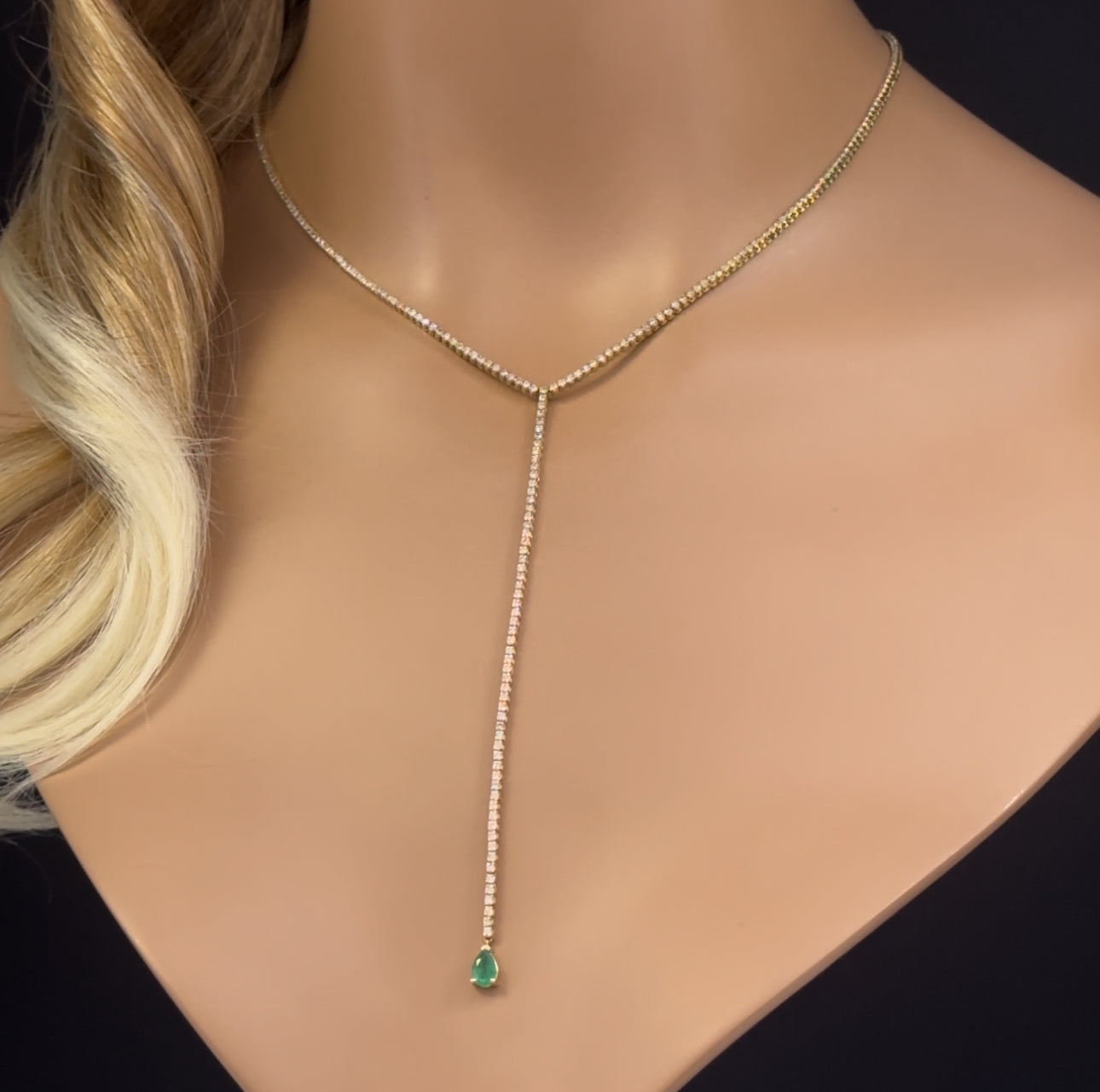 Muse Jewelry 2.99ct G SI 14K Yellow Gold Diamond & Pear Shaped Emerald Gemstone Tennis Drop Y Lariat Necklace 14+4'Ext