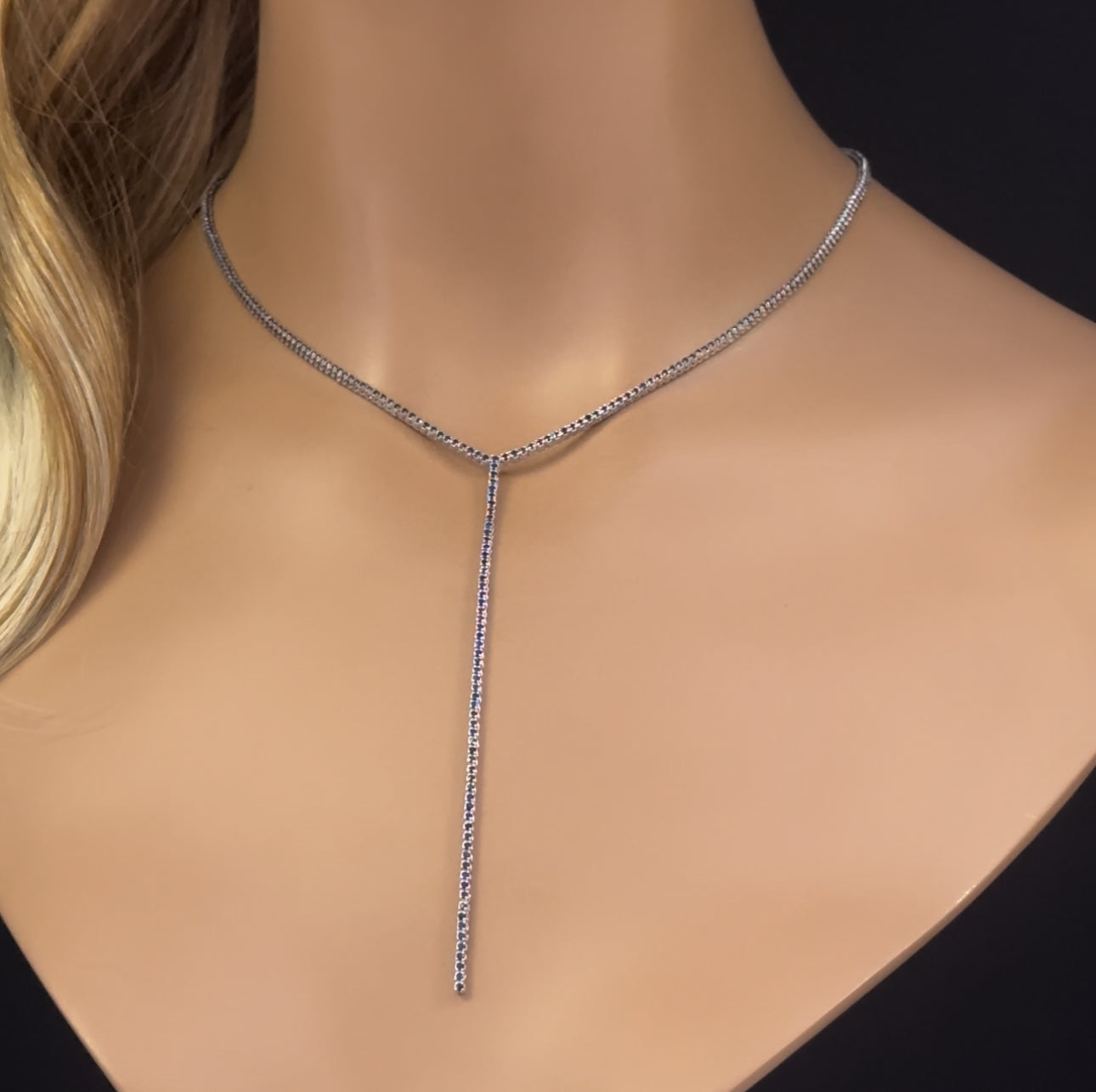 Muse Jewelry 3.45ct G SI 14K White Gold Blue Sapphire Lariat Tennis Necklace 14 + 4" Ext