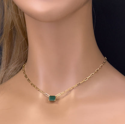 Muse Jewelry 2.00ct G SI 14K Yellow Gold Green Emerald Gemstone Paperclip Necklace 14 + 2" Ext