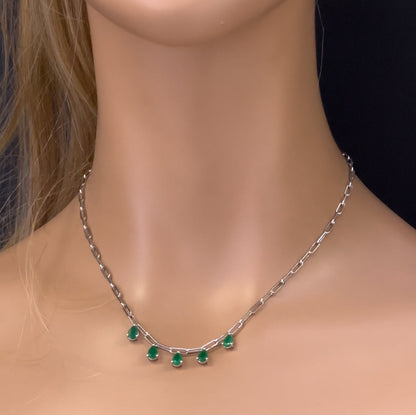 Muse Jewelry 1.65ct G SI 14K White Gold Green Emerald Gemstone Paperclip Necklace 14 + 2" Ext