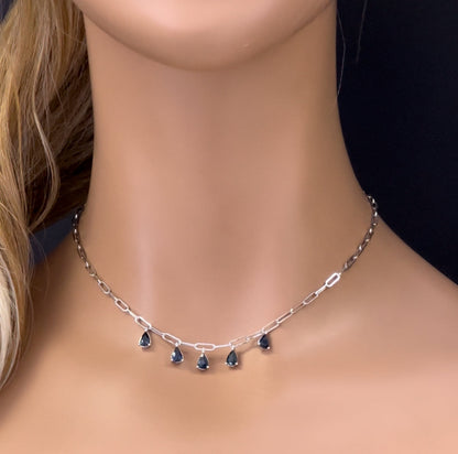 Muse Jewelry 2.60ct G SI 14K White Gold Pear Drop Blue Sapphire Gemstone Paperclip Necklace 14+2" Long