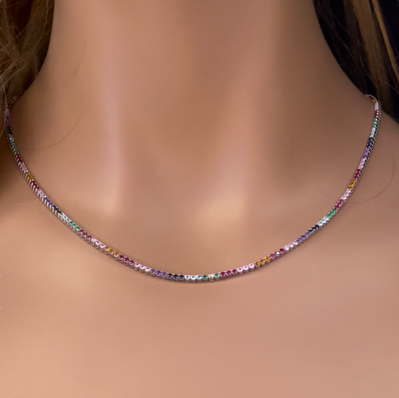 Muse Jewelry 5.56ct G SI 14K Yellow Gold Diamond & Multi Color Gemstone Tennis Necklace 18"Long