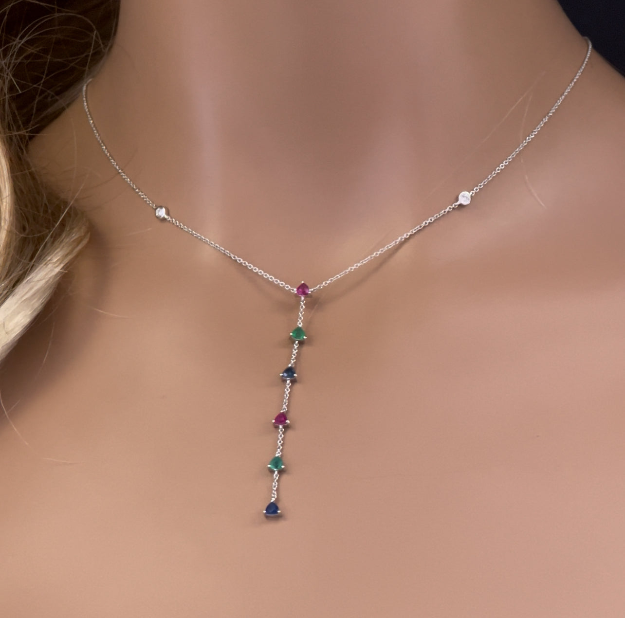 Muse Jewelry .90ct G SI 14K White Gold Diamond & Multi Color Gemstone Drop Necklace 16+2" Ext