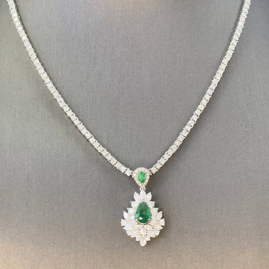 Muse Jewelry 2.55ct G SI 14K White Gold Diamond & 2 Emerald Gemstones Pendant (DPD-6065-1) & 5.76ct G SI 14K White Gold Adjustable Tennis Necklace 14"+2" Long (DPD-5354-2)