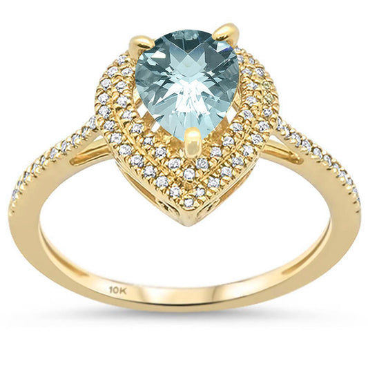 Muse Jewelry .98ct F SI 10k Yellow Gold Pear Shaped Natural Aquamarine Diamond Ring Size 6.5