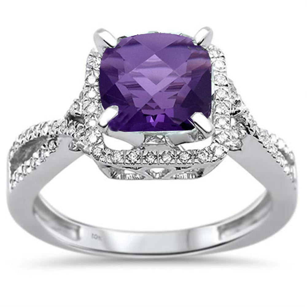Muse Jewelry 1.96ct 10K White Gold Cushion Cut Amethyst & Diamond Ring Size 6.5
