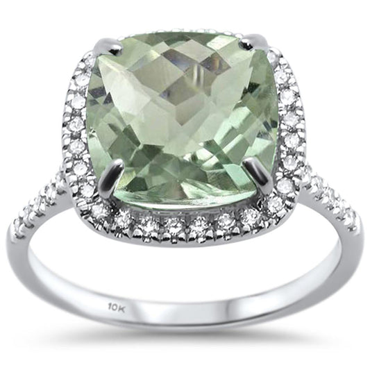 Muse Jewelry 4.28ct 10k White Gold Cushion Green Amethyst & Diamond Ring