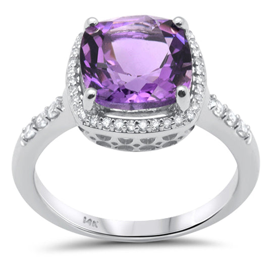 Muse Jewelry 3.20ct G SI 14K White Gold Cushion Cut Halo Amethyst & Round Diamond Ring Size 6.5
