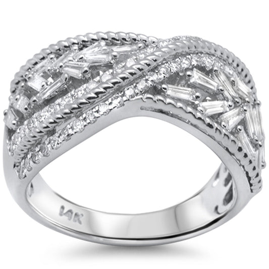 Muse Jewelry .95ct G SI 14K White Gold Round & Baguette Diamond Criss Cross Women's Ring Size 7