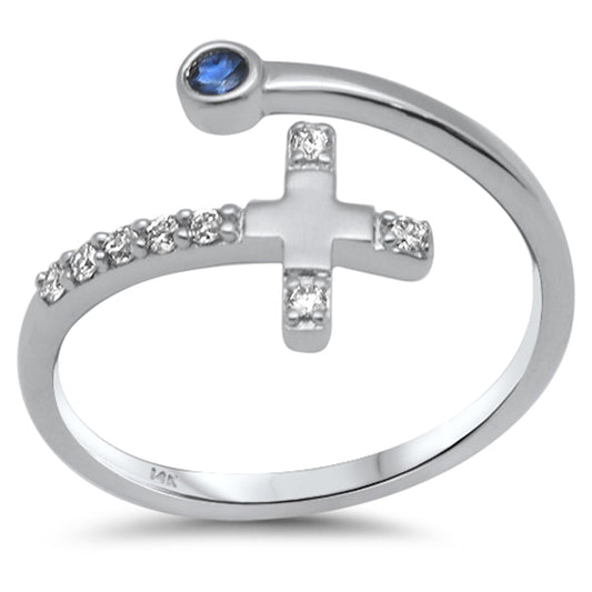 Muse Jewelry .11ct G SI 14K White Gold Diamond Side Cross Diamond & Blue Sapphire Open Ring Band