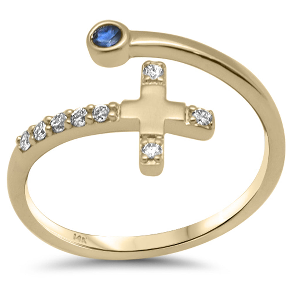 Muse Jewelry .11ct G SI 14K Yellow Gold Diamond Side Cross Diamond & Blue Sapphire Open Ring Band