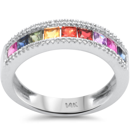 Muse Jewelry 1.08ct G SI 14K White Gold Diamond & Multi Color Band Ring Size 6.5