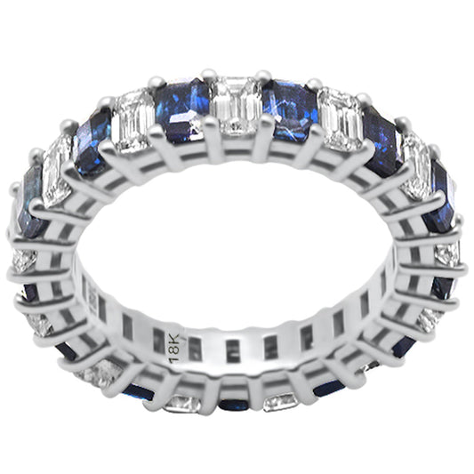 Muse Jewelry 4.60ct F SI 18K White Gold Diamond & Blue Sapphire Eternity Ring Size 6.5