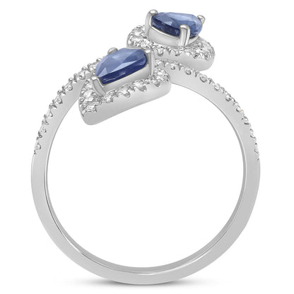 Muse Jewelry 1.49ct G SI 14K White Gold Diamond & Pear Shape Blue Sapphire Gemstones Wrap Around Ring Size 6.5