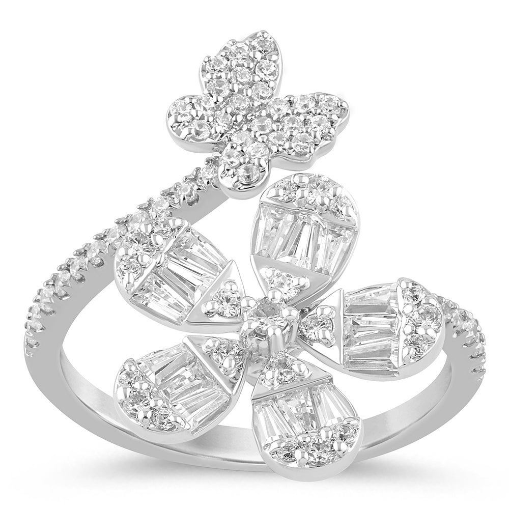 Muse Jewelry .74ct G SI 14K White Gold Round & Baguette Diamond Flower Ring Size 6.5