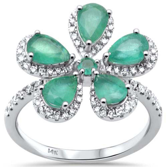 Muse Jewelry 2.30ct G SI 14K White Gold Diamond & Emerald Gemstones Flower Ring Size 7