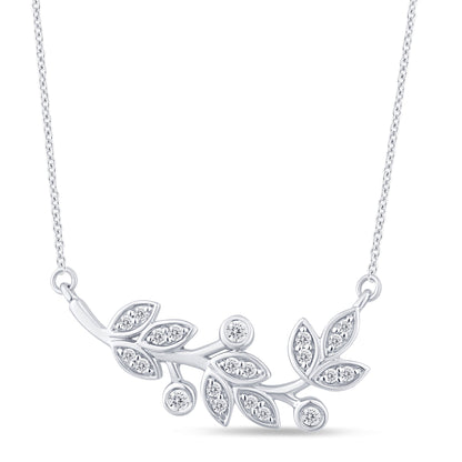 Muse Jewelry .14ct G SI 14K White Gold Diamond Olive Branch Leaf Pendant Necklace 18" Long