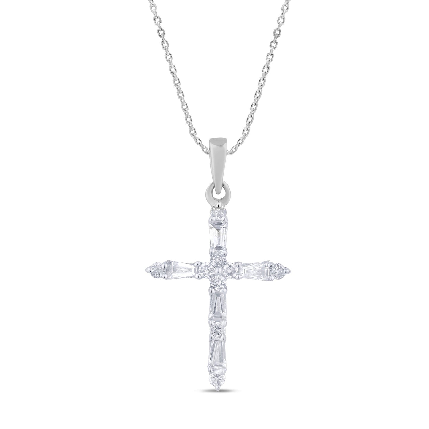 Muse Jewelry .21ct G SI 14K White Gold Round & Baguette Diamond Cross Pendant Necklace 18" Long