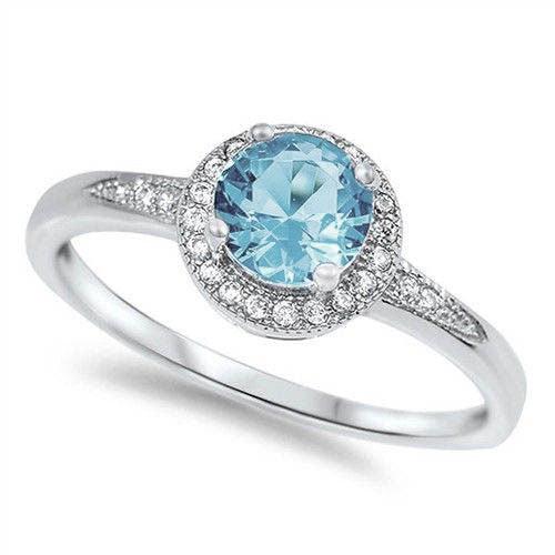 Muse Jewelry Halo Style Aquamarine & Cz Promise Engagement Ring .925 Sterling Sizes 3-13
