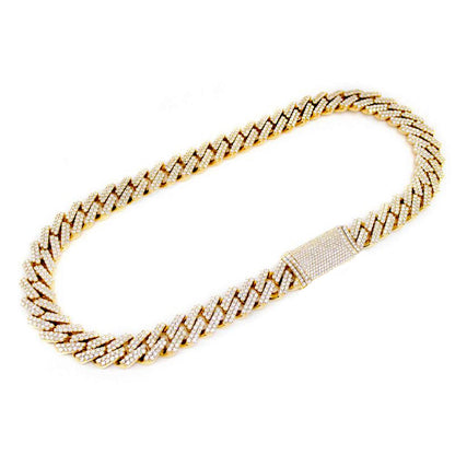 Muse Jewelry 7MM 10.46ct 14K Yellow Gold Diamond Micro Pave Miami Square Cuban Link Necklace 22"