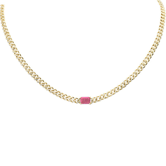 Muse Jewelry 2.45G SI 14K Yellow Gold Diamond & Pink Tourmaline Gemstone Cuban Chain Pendant Necklace 16" Long