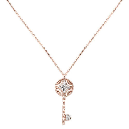 Muse Jewelry .08cts 14kt Rose Gold Round Diamond Key Pendant Necklace 18" Long